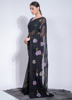 Vegaa Fashion Black Georgette Sequence Flower Work Saree - Distacart