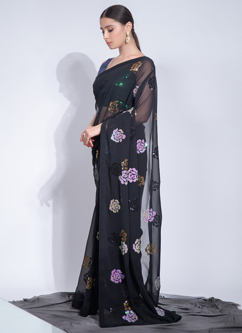 Vegaa Fashion Black Georgette Sequence Flower Work Saree - Distacart