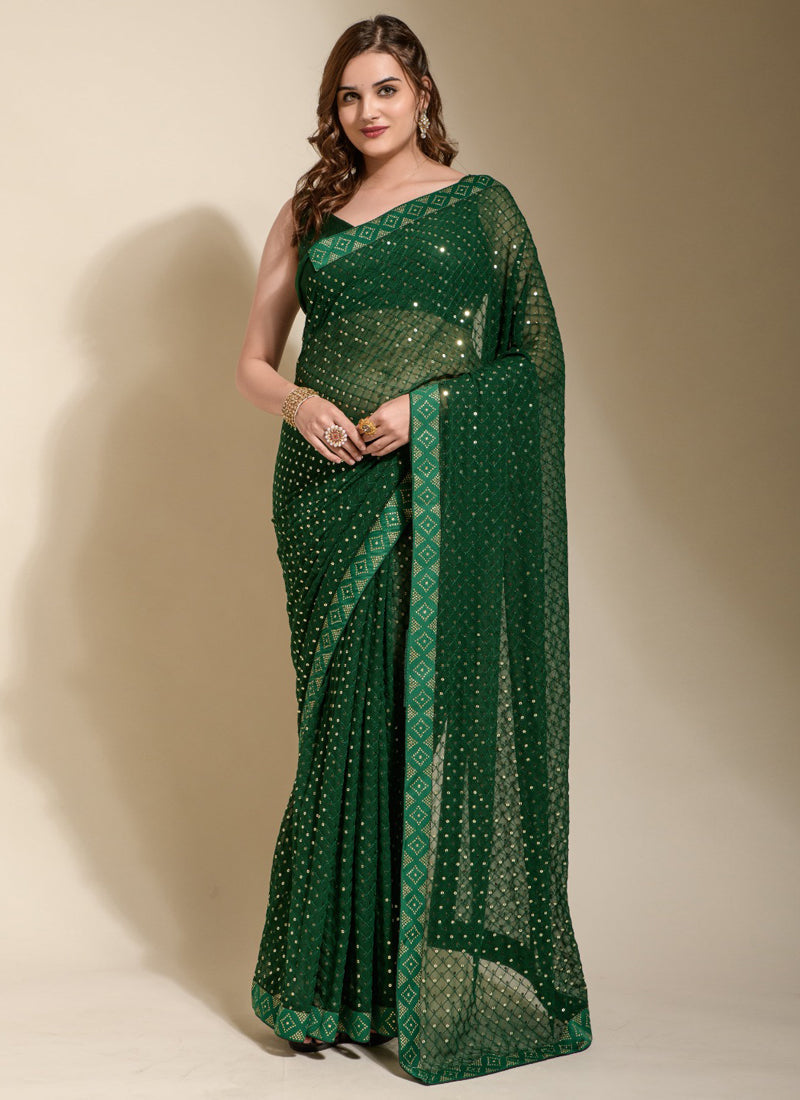 Vegaa Fashion Green Georgette Embroidered Party Wear Saree - Distacart