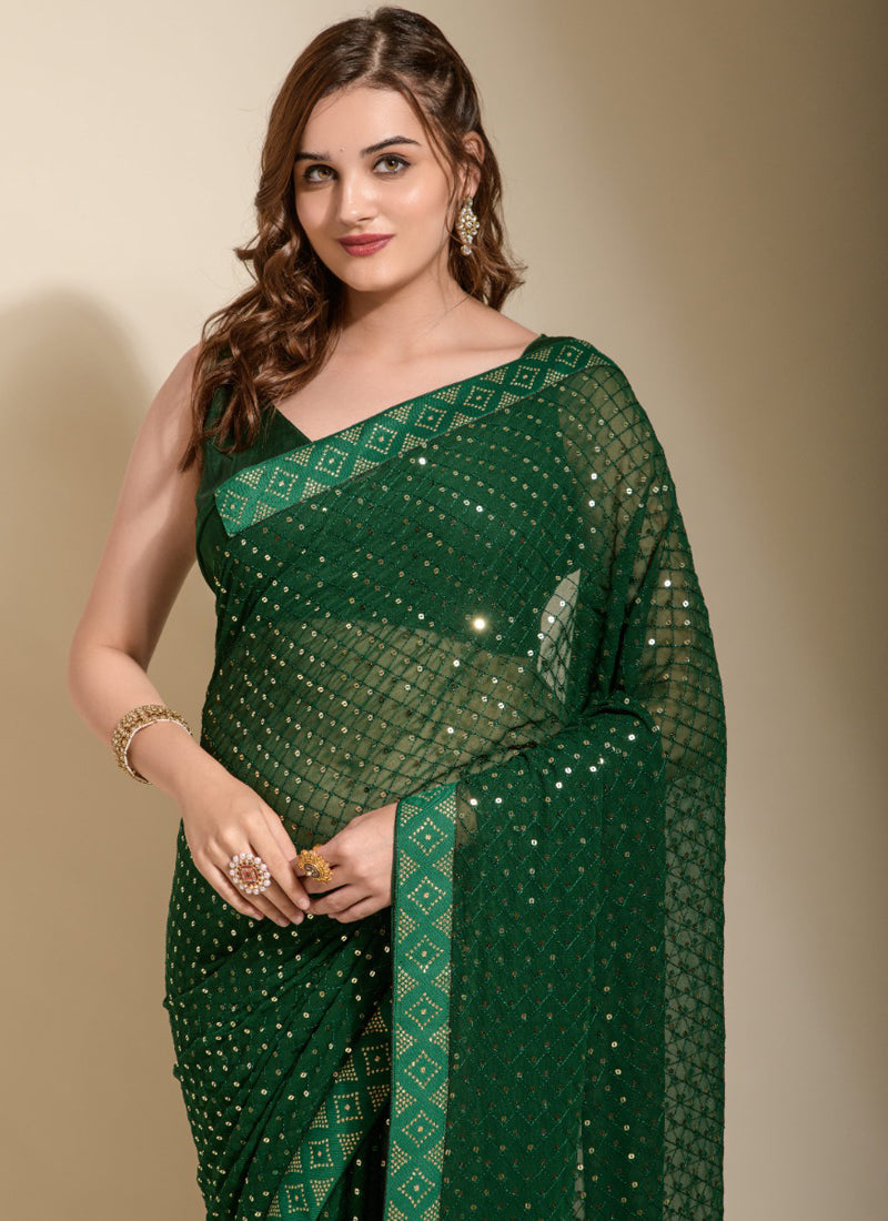 Vegaa Fashion Green Georgette Embroidered Party Wear Saree - Distacart