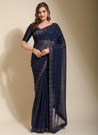 Vegaa Fashion Blue Georgette Embroidered Party Wear Saree - Distacart