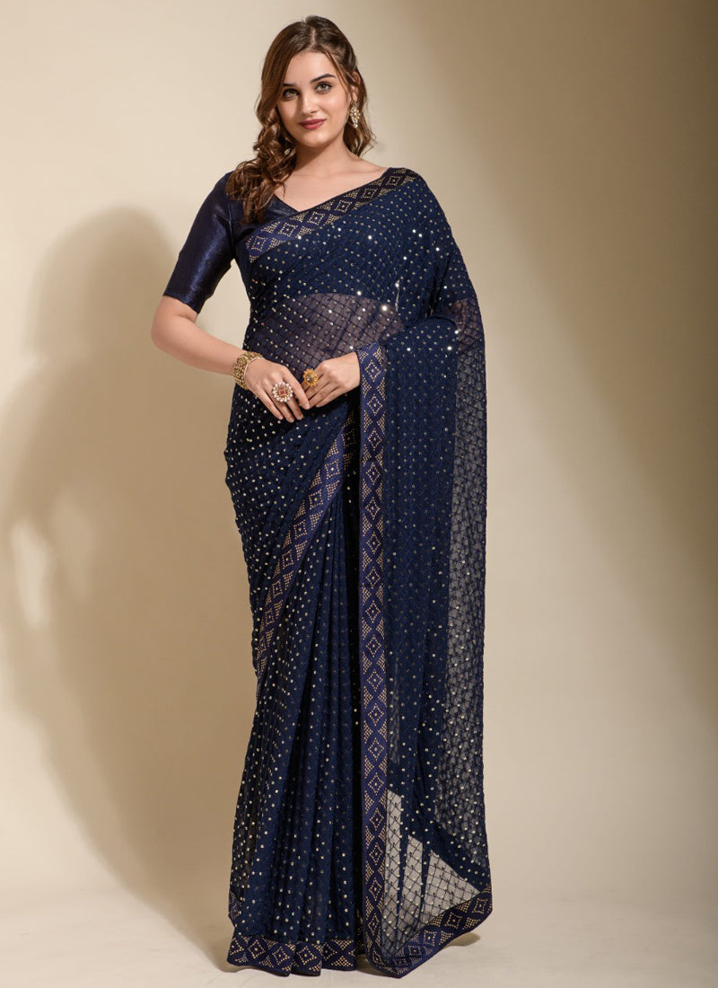 Vegaa Fashion Blue Georgette Embroidered Party Wear Saree - Distacart
