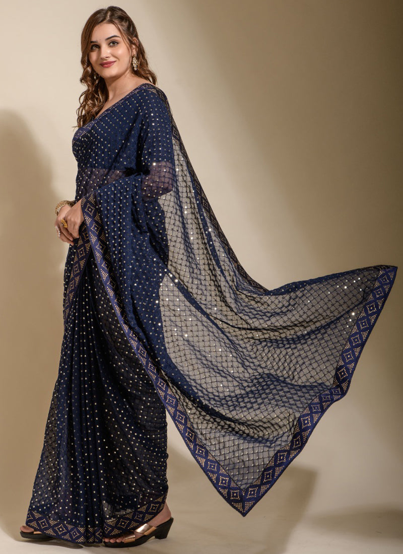 Vegaa Fashion Blue Georgette Embroidered Party Wear Saree - Distacart