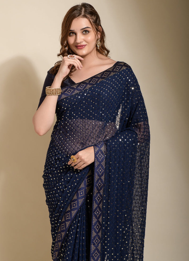 Vegaa Fashion Blue Georgette Embroidered Party Wear Saree - Distacart