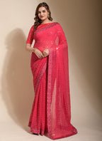 Vegaa Fashion Peach Georgette Embroidered Party Wear Saree - Distacart
