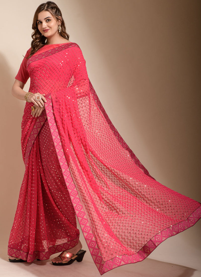 Vegaa Fashion Peach Georgette Embroidered Party Wear Saree - Distacart