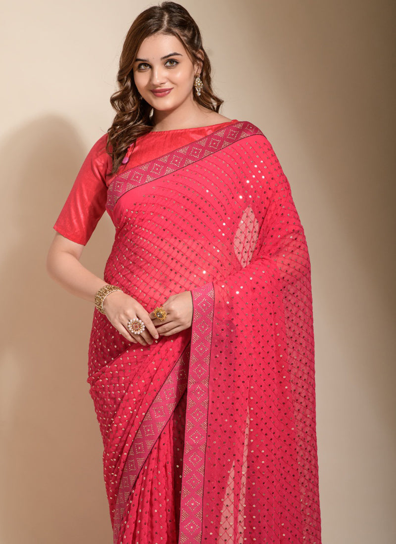Vegaa Fashion Peach Georgette Embroidered Party Wear Saree - Distacart