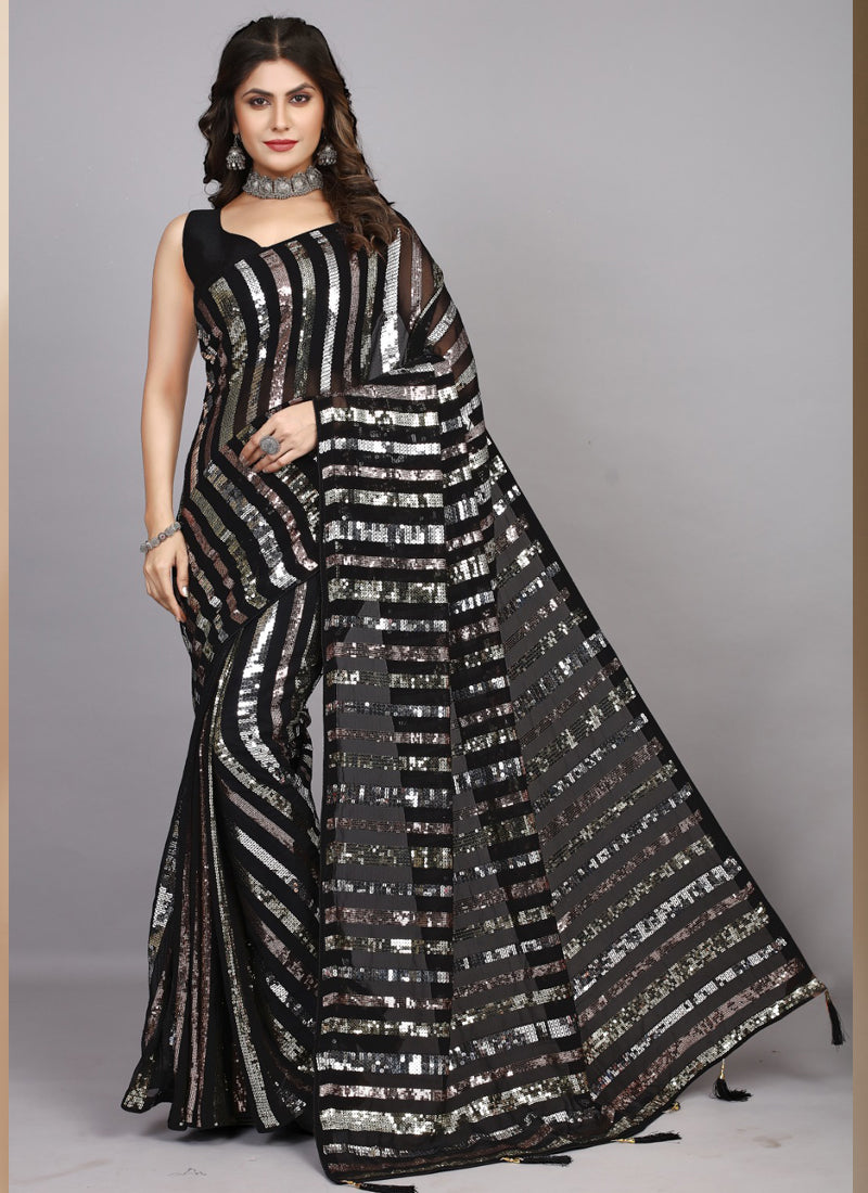 Vegaa Fashion Black Georgette Embroidered Party Wear Saree - Distacart