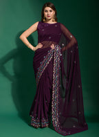 Vegaa Fashion Purple Georgette Embroidered Party Wear Saree - Distacart
