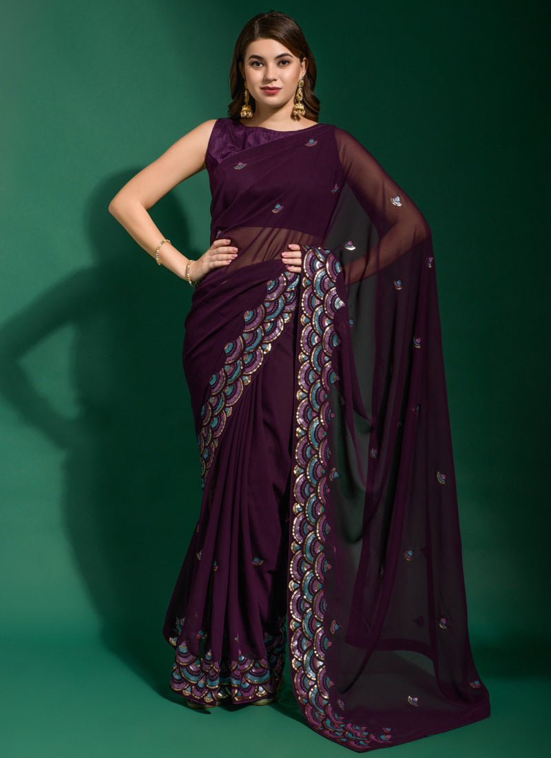 Vegaa Fashion Purple Georgette Embroidered Party Wear Saree - Distacart