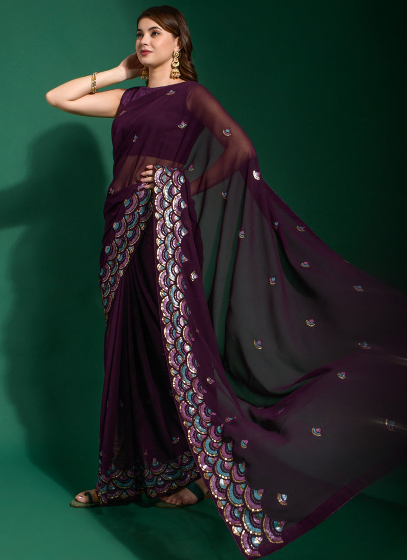 Vegaa Fashion Purple Georgette Embroidered Party Wear Saree - Distacart