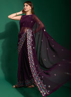 Vegaa Fashion Purple Georgette Embroidered Party Wear Saree - Distacart