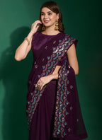 Vegaa Fashion Purple Georgette Embroidered Party Wear Saree - Distacart