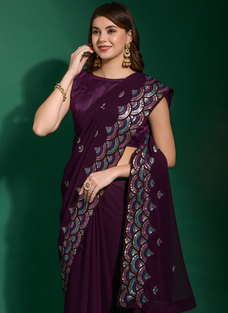 Vegaa Fashion Purple Georgette Embroidered Party Wear Saree - Distacart