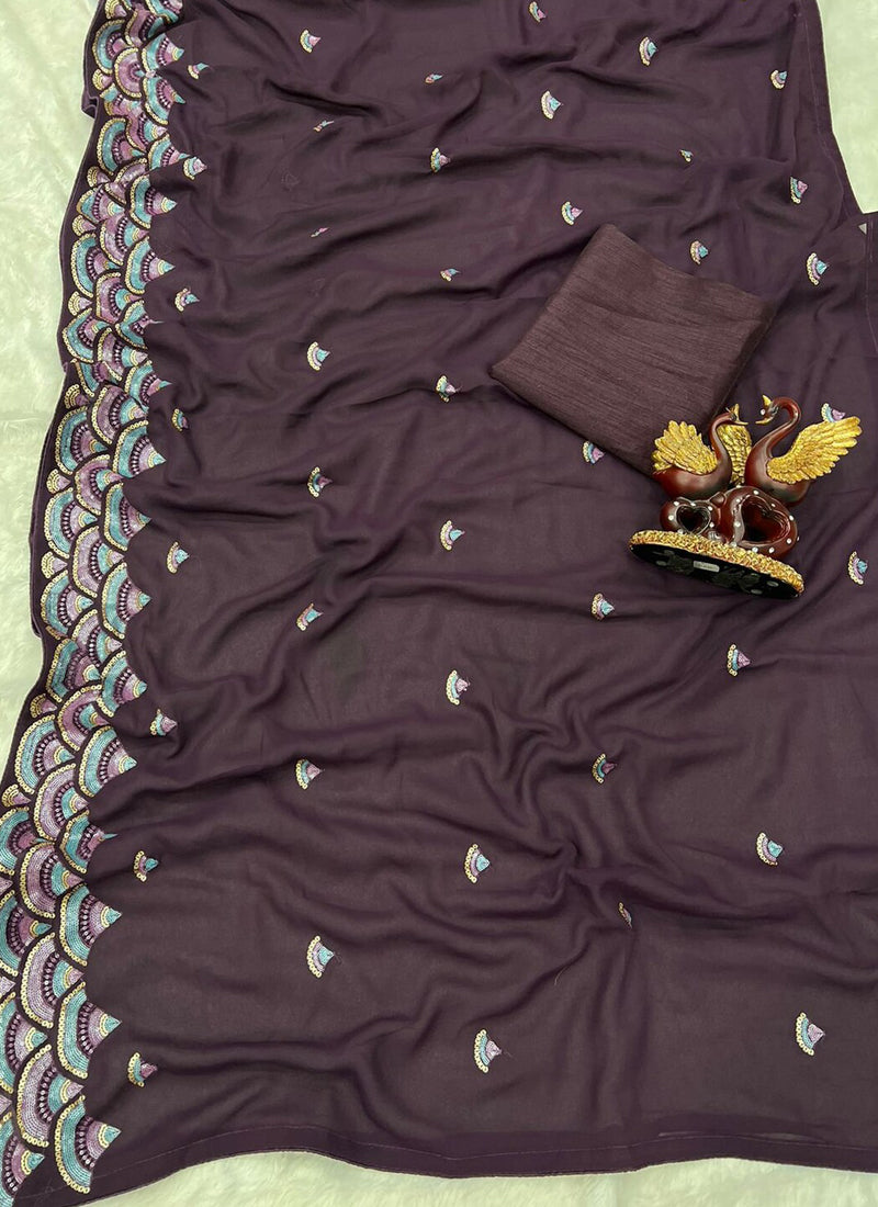 Vegaa Fashion Purple Georgette Embroidered Party Wear Saree - Distacart