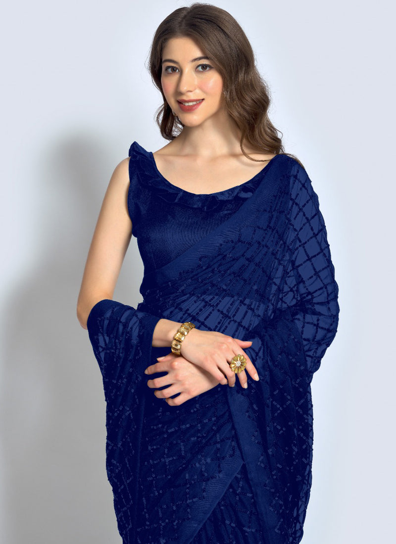 Vegaa Fashion Blue Georgette Sequence Party Wear Saree - Distacart