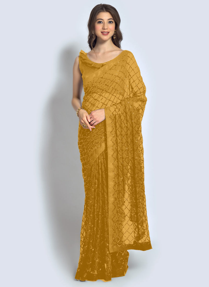 Vegaa Fashion Yellow Georgette Sequence Party Wear Saree - Distacart