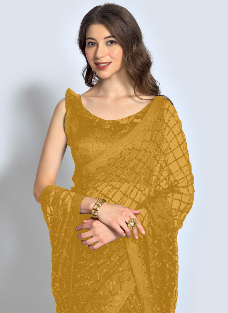 Vegaa Fashion Yellow Georgette Sequence Party Wear Saree - Distacart