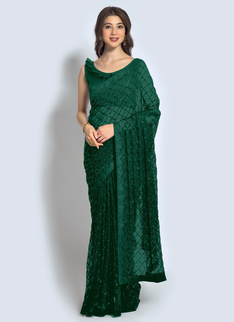 Vegaa Fashion Green Georgette Sequence Party Wear Saree - Distacart