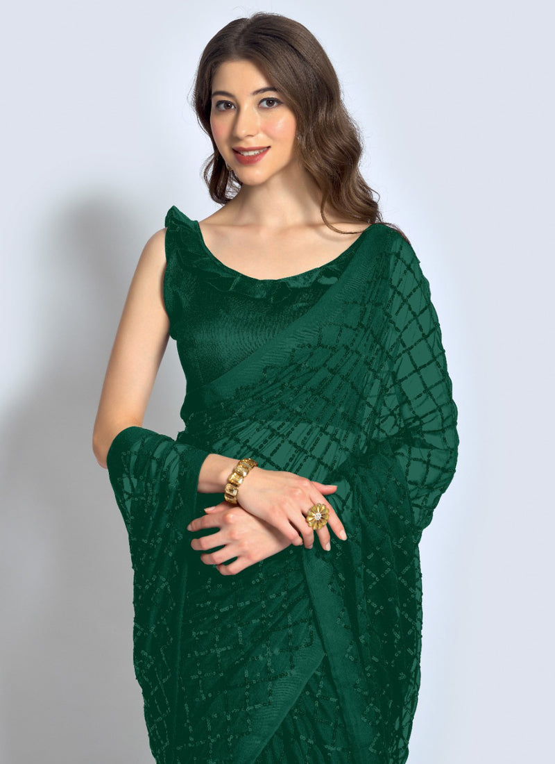 Vegaa Fashion Green Georgette Sequence Party Wear Saree - Distacart