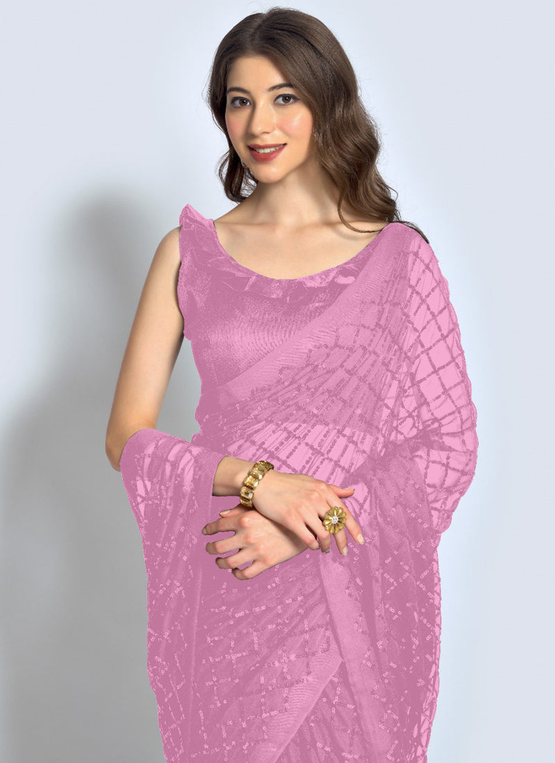 Vegaa Fashion Pink Georgette Sequence Party Wear Saree - Distacart