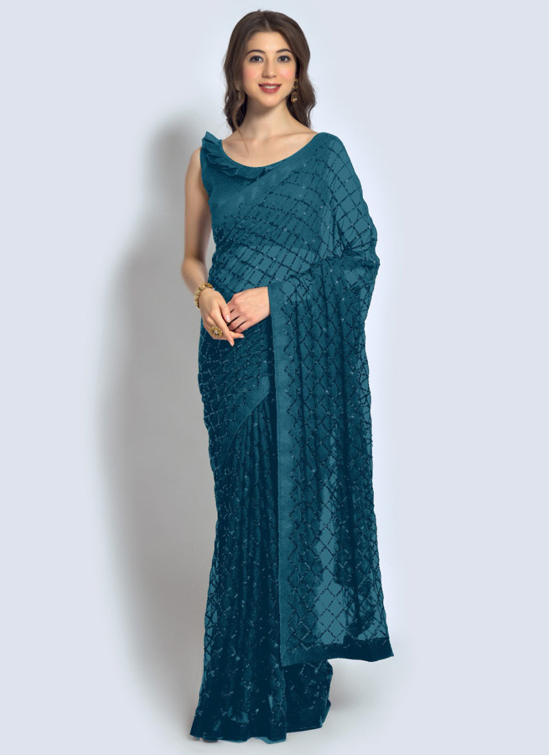 Vegaa Fashion Aqua Georgette Sequence Party Wear Saree - Distacart