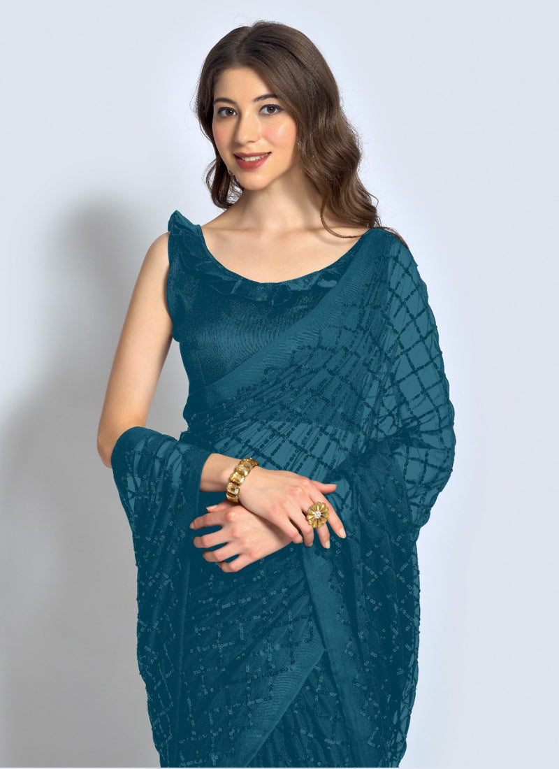 Vegaa Fashion Aqua Georgette Sequence Party Wear Saree - Distacart