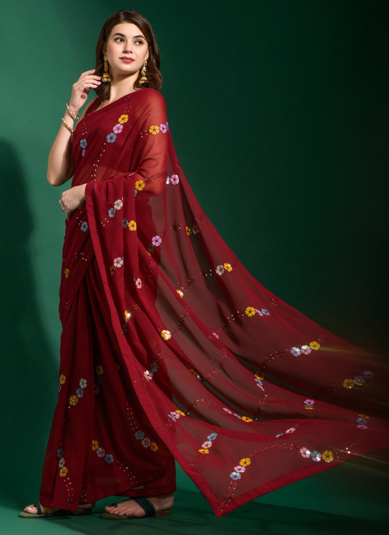 Vegaa Fashion Maroon Georgette Sequence Party Wear Saree - Distacart