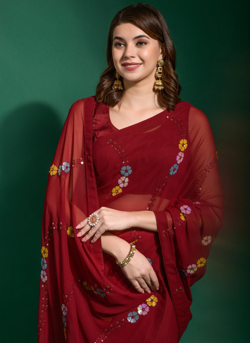 Vegaa Fashion Maroon Georgette Sequence Party Wear Saree - Distacart