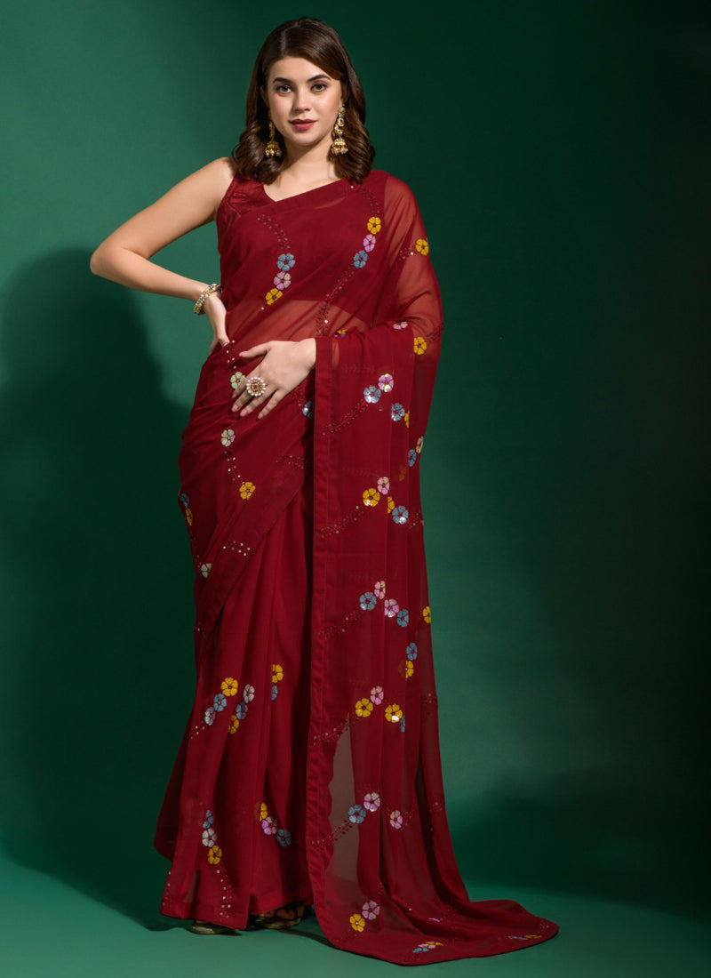 Vegaa Fashion Maroon Georgette Sequence Party Wear Saree - Distacart