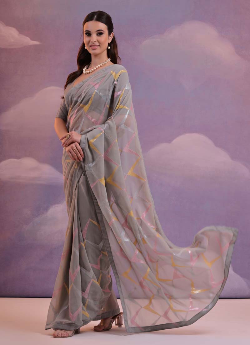Vegaa Fashion Grey Heavy Georgette Sequence Work Saree - Distacart