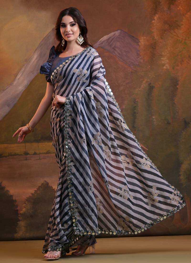 Vegaa Fashion Blue Georgette Leriya Print Designer Saree - Distacart