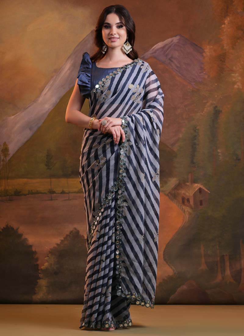 Vegaa Fashion Blue Georgette Leriya Print Designer Saree - Distacart