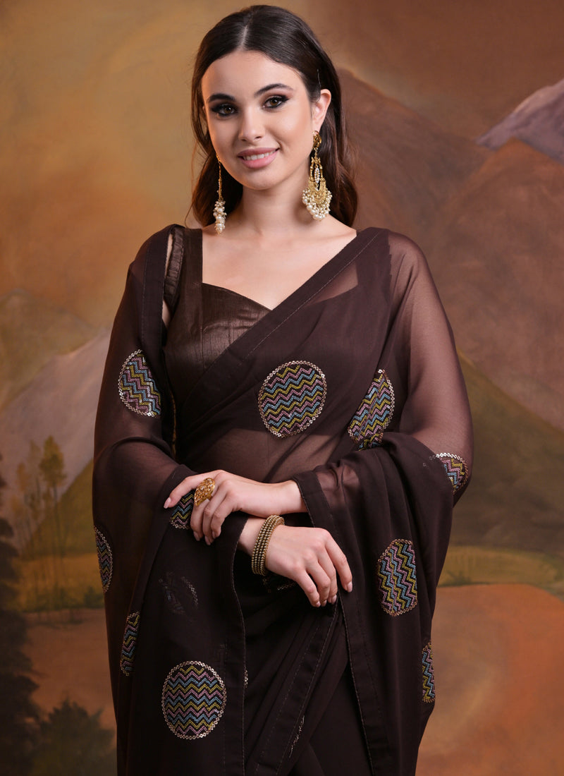 Vegaa Fashion Brown Heavy Georgette Sequence Work Saree - Distacart