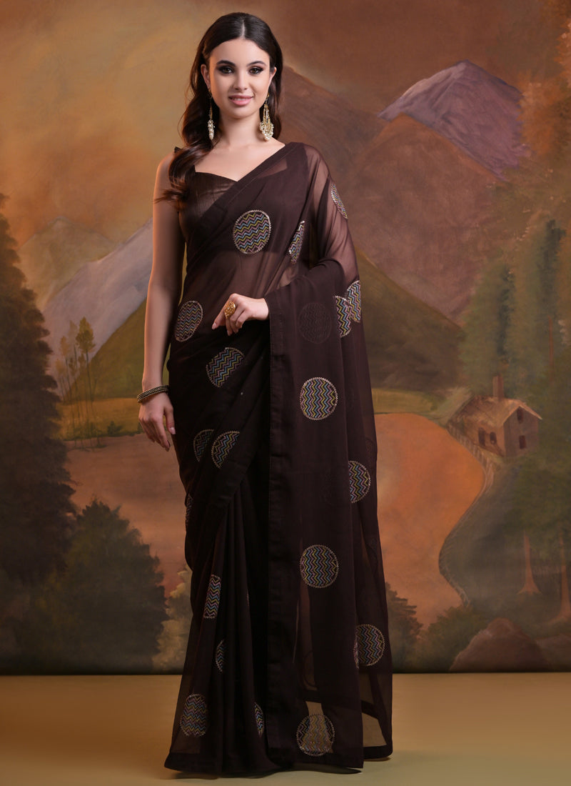 Vegaa Fashion Brown Heavy Georgette Sequence Work Saree - Distacart