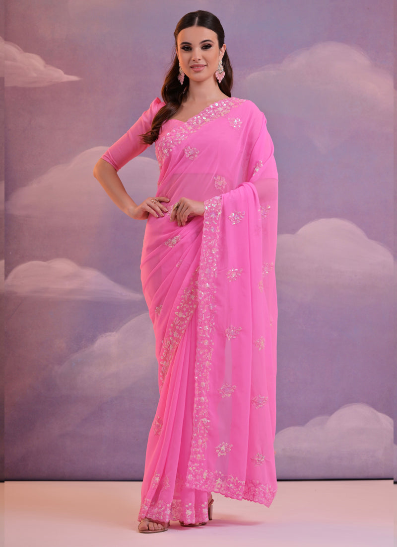 Vegaa Fashion Light Pink Grey Soft Georgette Sequence Work Saree - Distacart