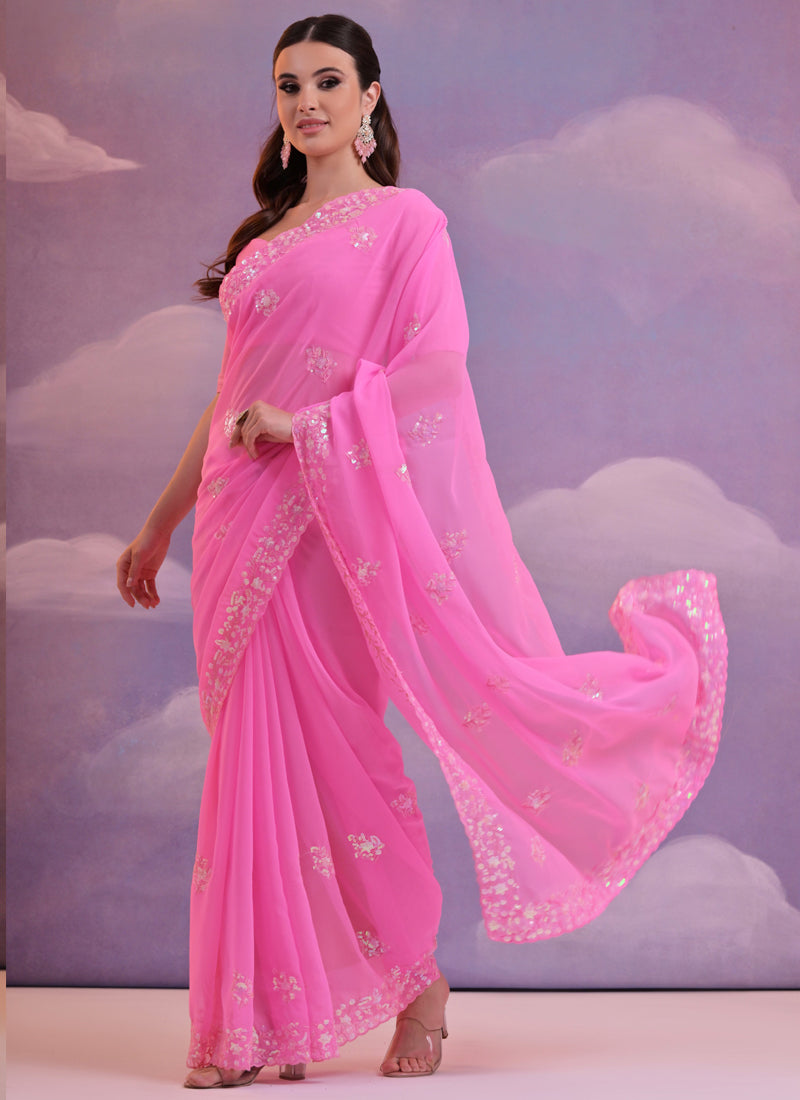 Vegaa Fashion Light Pink Grey Soft Georgette Sequence Work Saree - Distacart