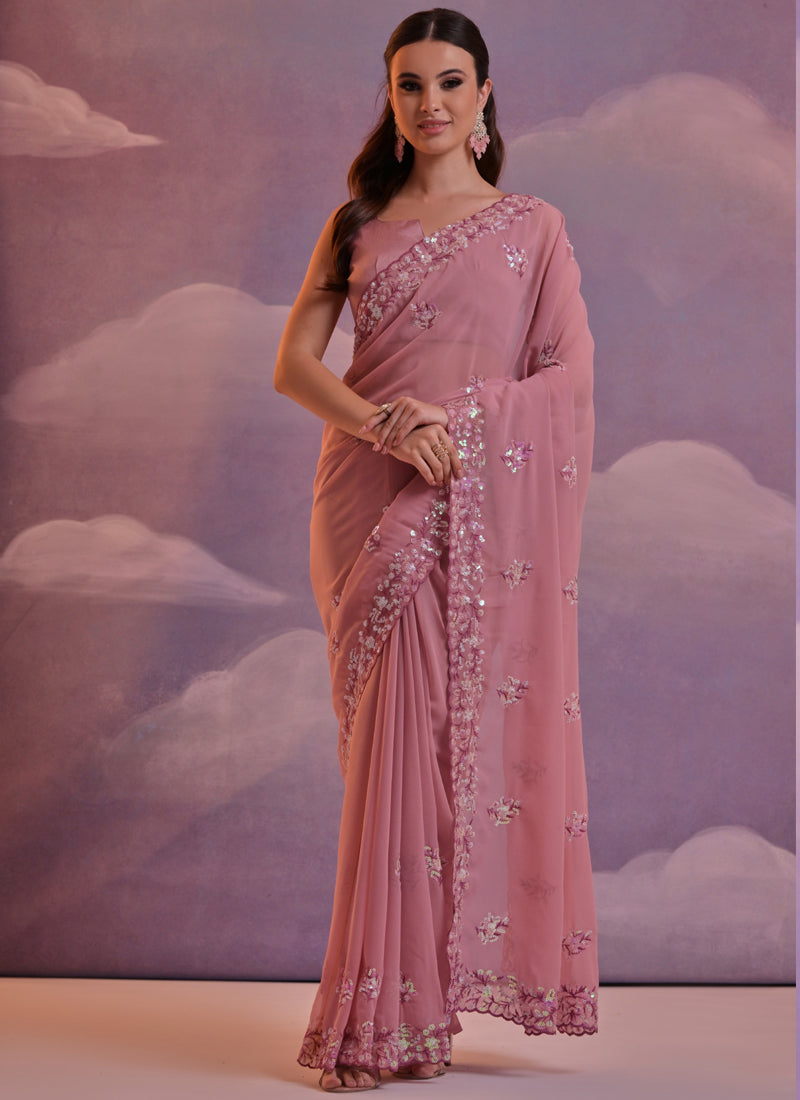 Vegaa Fashion Light Brown Grey Soft Georgette Sequence Work Saree - Distacart