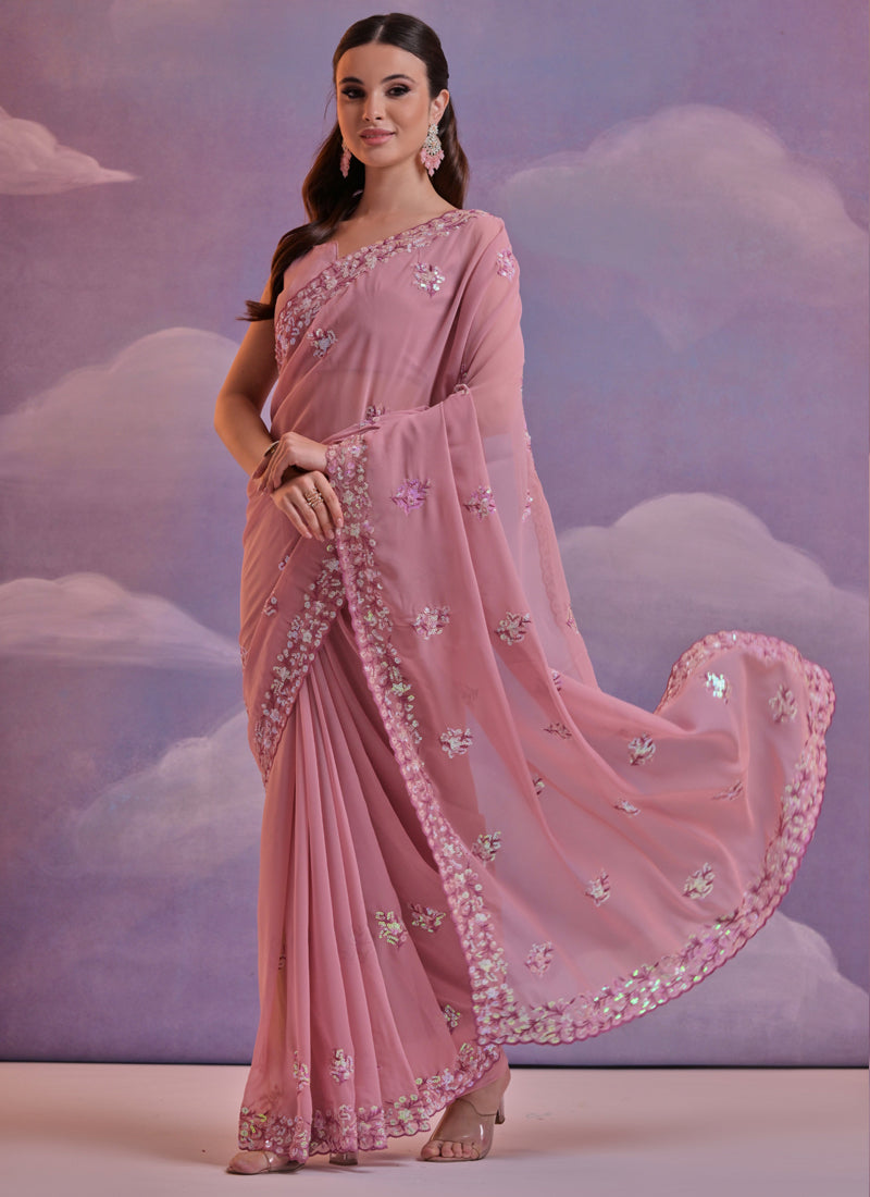 Vegaa Fashion Light Brown Grey Soft Georgette Sequence Work Saree - Distacart