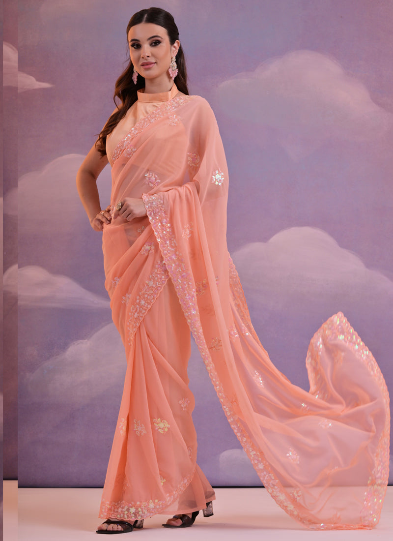 Vegaa Fashion Light Peach Grey Soft Georgette Sequence Work Saree - Distacart