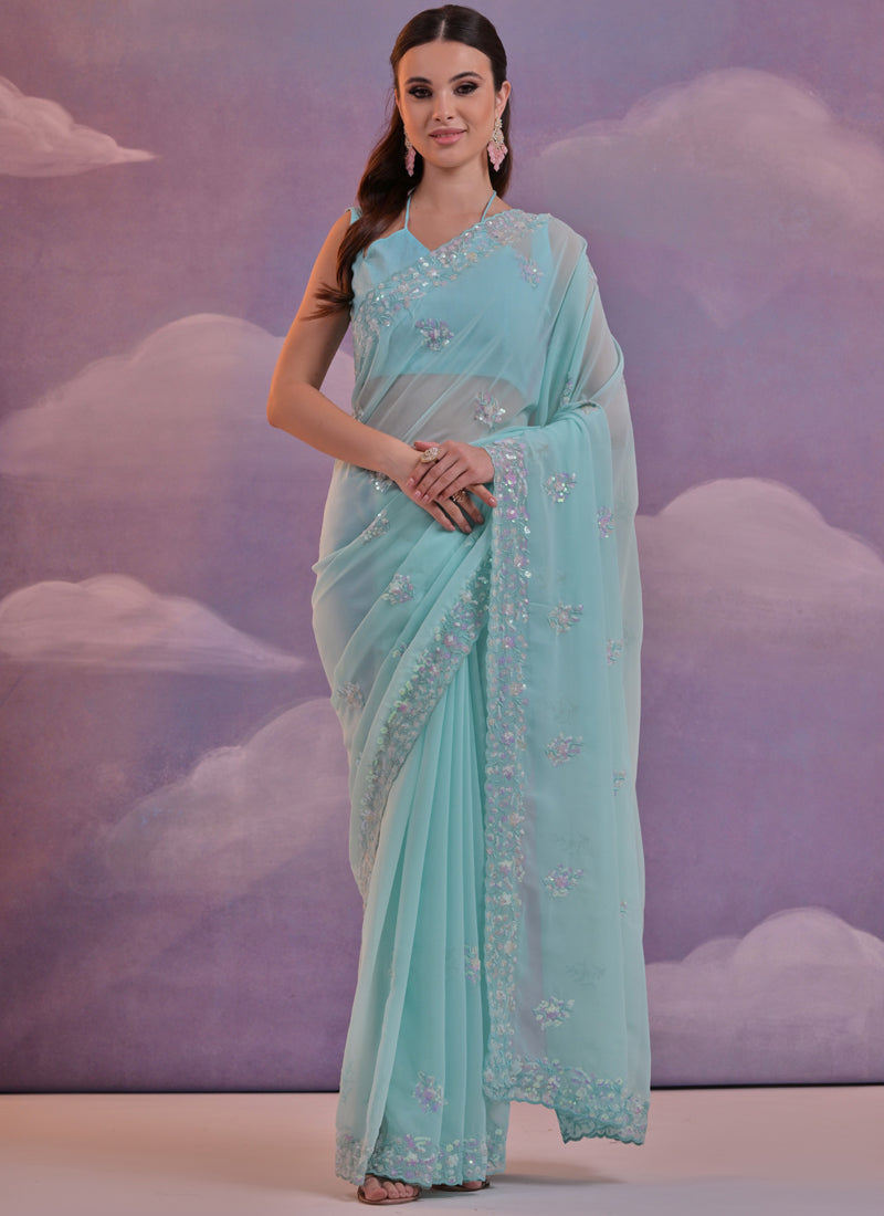 Vegaa Fashion Sky Blue Grey Soft Georgette Sequence Work Saree - Distacart