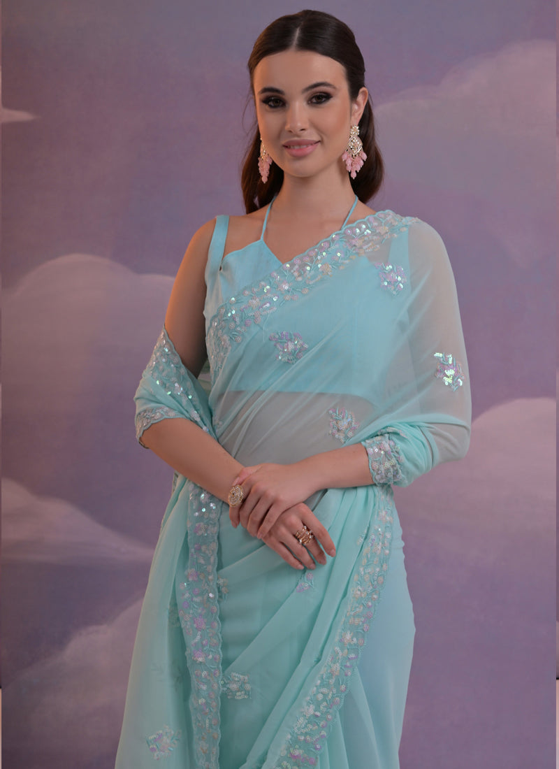 Vegaa Fashion Sky Blue Grey Soft Georgette Sequence Work Saree - Distacart
