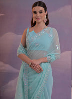 Vegaa Fashion Sky Blue Grey Soft Georgette Sequence Work Saree - Distacart