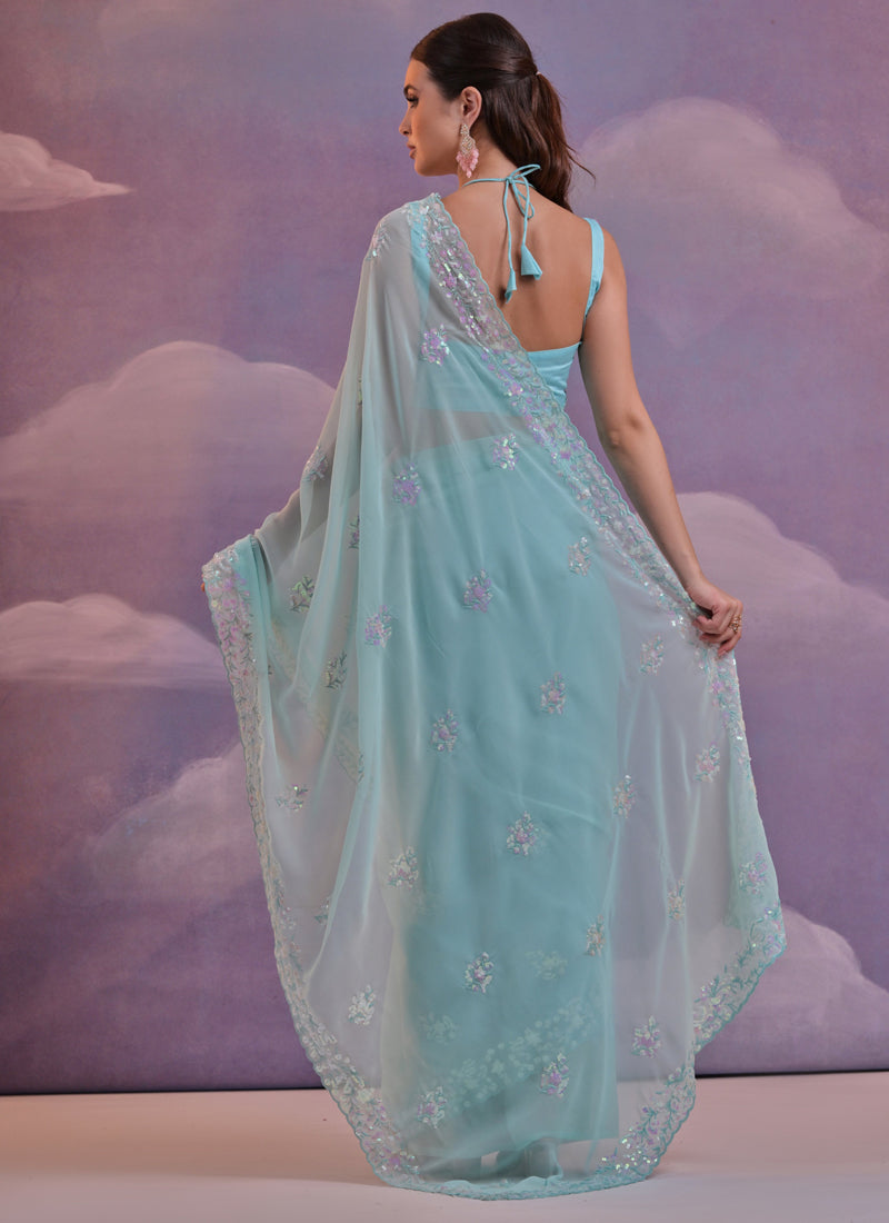 Vegaa Fashion Sky Blue Grey Soft Georgette Sequence Work Saree - Distacart