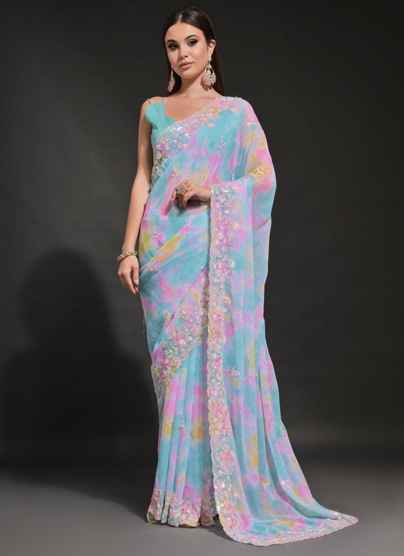 Vegaa Fashion Sky Blue Soft Georgette Sequence Work Saree - Distacart