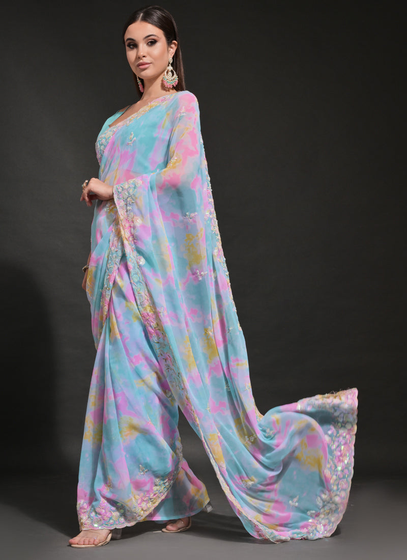 Vegaa Fashion Sky Blue Soft Georgette Sequence Work Saree - Distacart