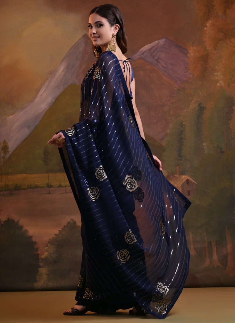 Vegaa Fashion Navy Blue Soft Georgette Sequence Work Saree - Distacart