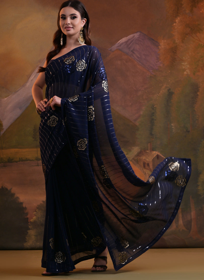 Vegaa Fashion Navy Blue Soft Georgette Sequence Work Saree - Distacart