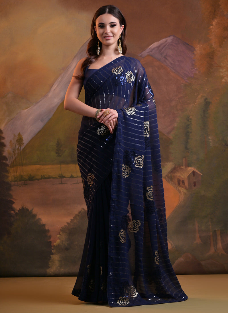 Vegaa Fashion Navy Blue Soft Georgette Sequence Work Saree - Distacart