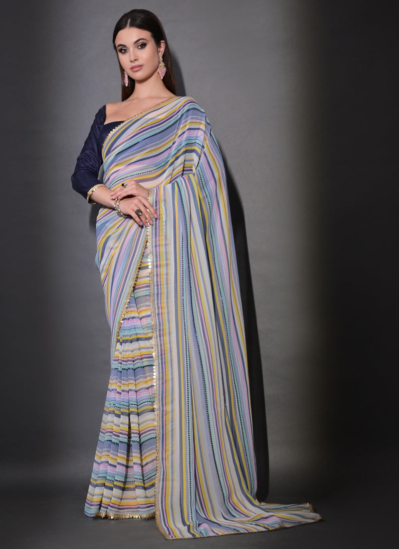 Vegaa Fashion Multicolor Georgette Leriya Print Sequence Saree - Distacart